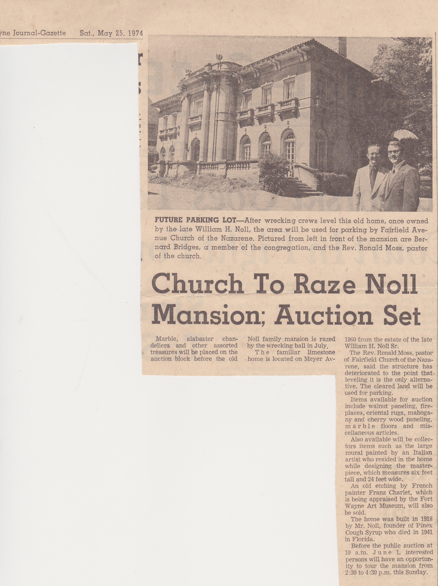 Church to raze Noll Mansion; Auction Set