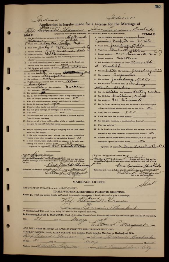 May 21, 1954 Dave Thomas marriage license to Lorraine Buskirk