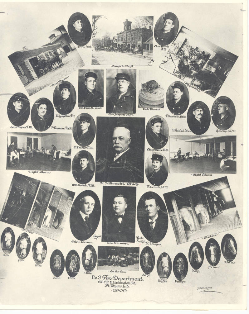 1909 composite photo people, horses, cat, Fire Station No. 3