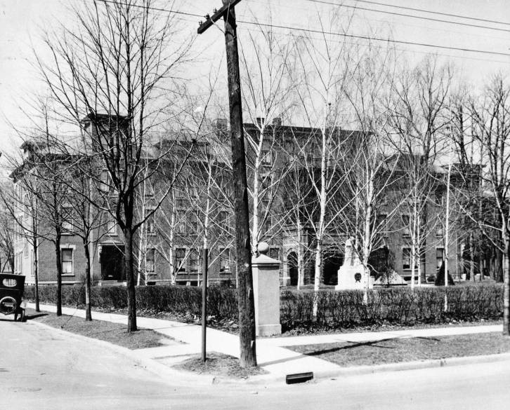 postcard original Lutheran Hospital with statue