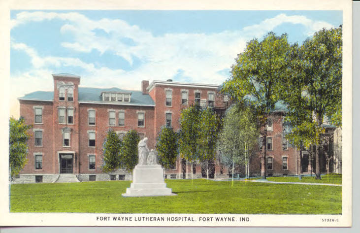 1914 postcard original Lutheran Hospital with statue