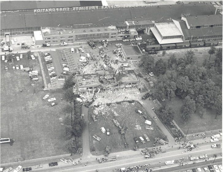 Aerial view 1966 natural gas explosion at Phelps Dodge Wire