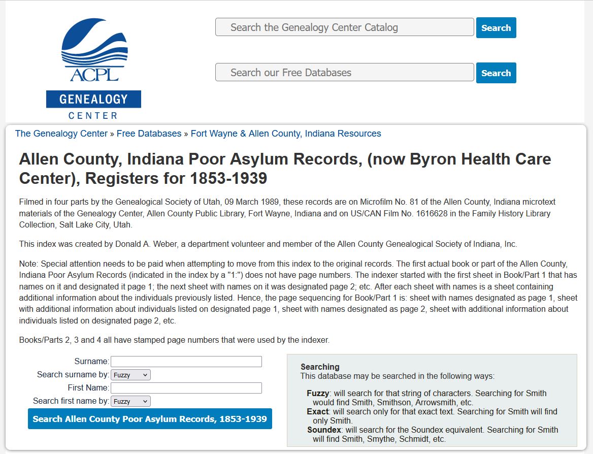 Poor Asylum Records 1853-1939