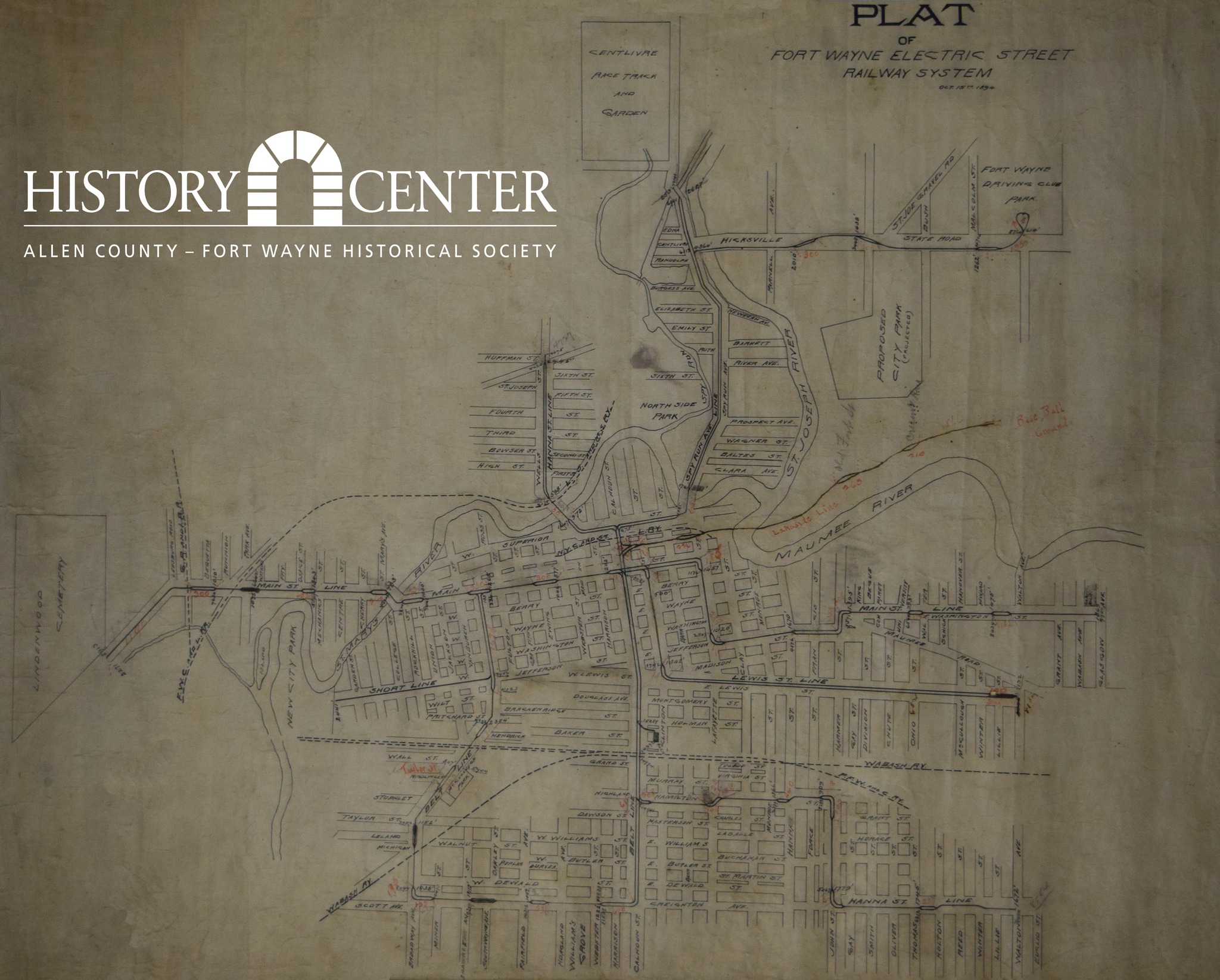 Fort Wayne Electric Street Railway System Plat Map, October 1894