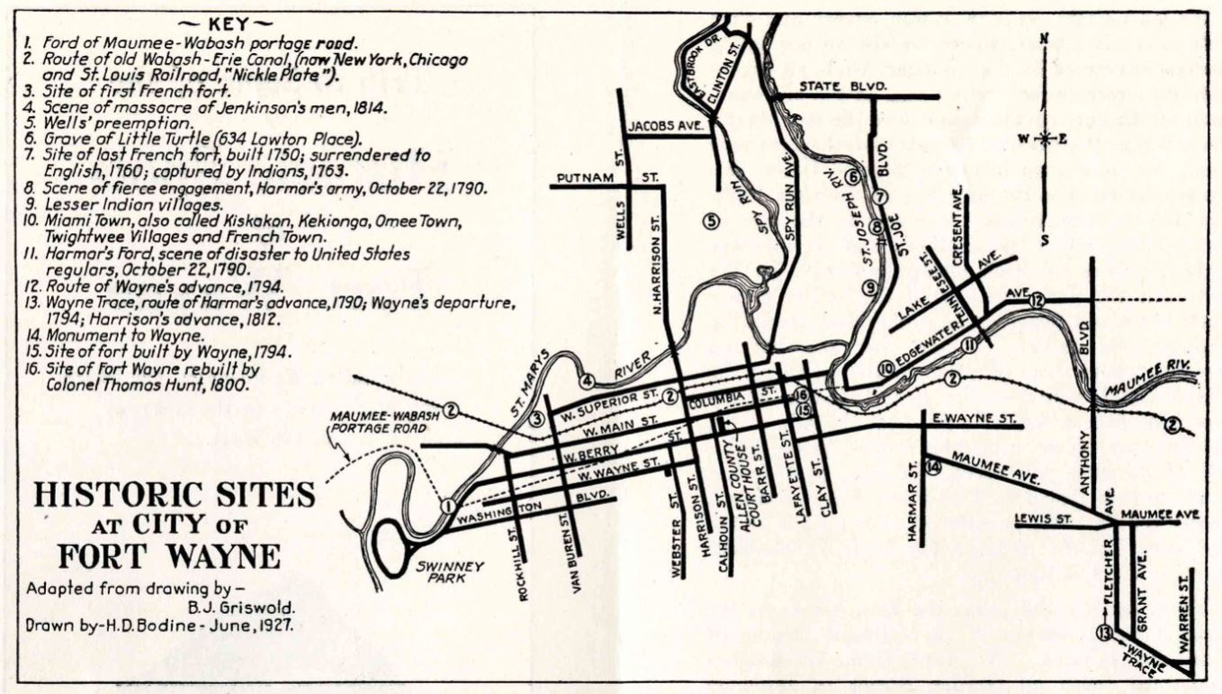 1927 Map of Historic Sites in Fort Wayne with numbered key