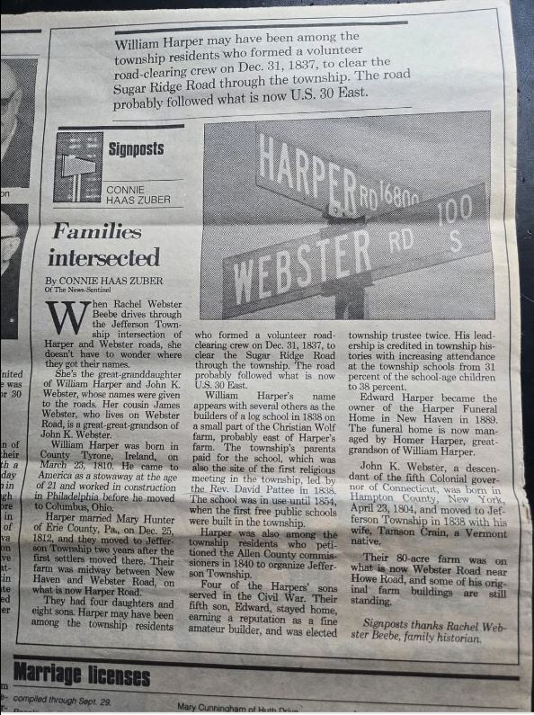 Families intersect newspaper article about William Harper